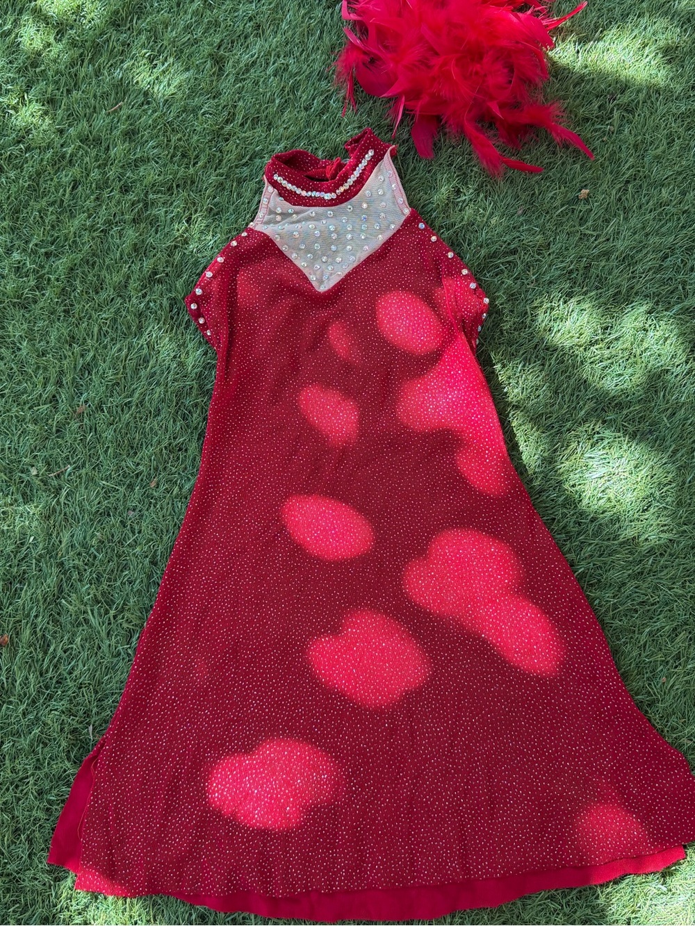 Red Sequined Kids Costume Dress with Feather Headpiece
